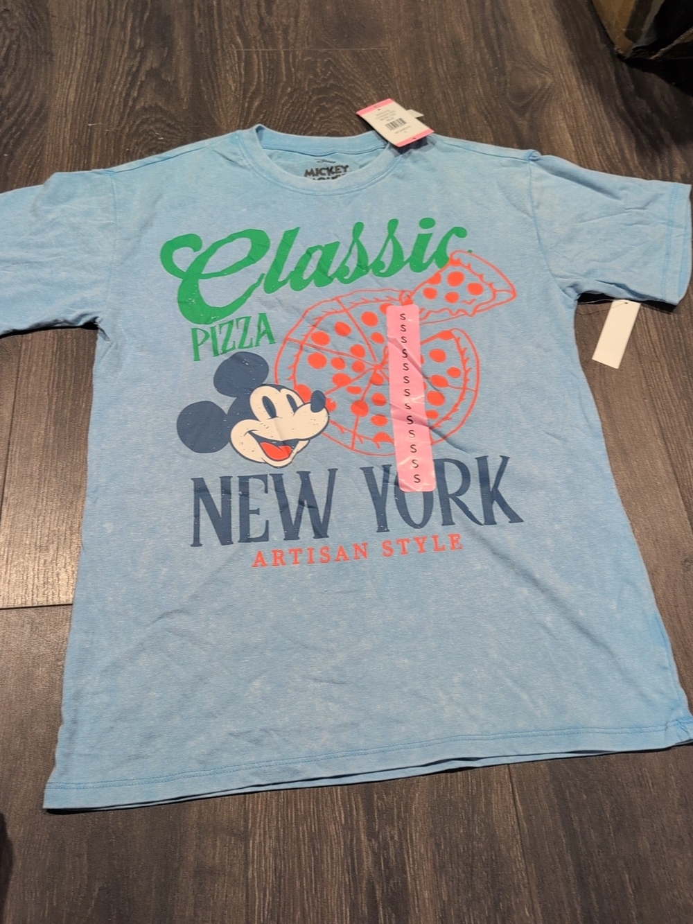 Disney Mickey Mouse Classic Retro Pizza New York Blue Graphic Tee Crew Neck S